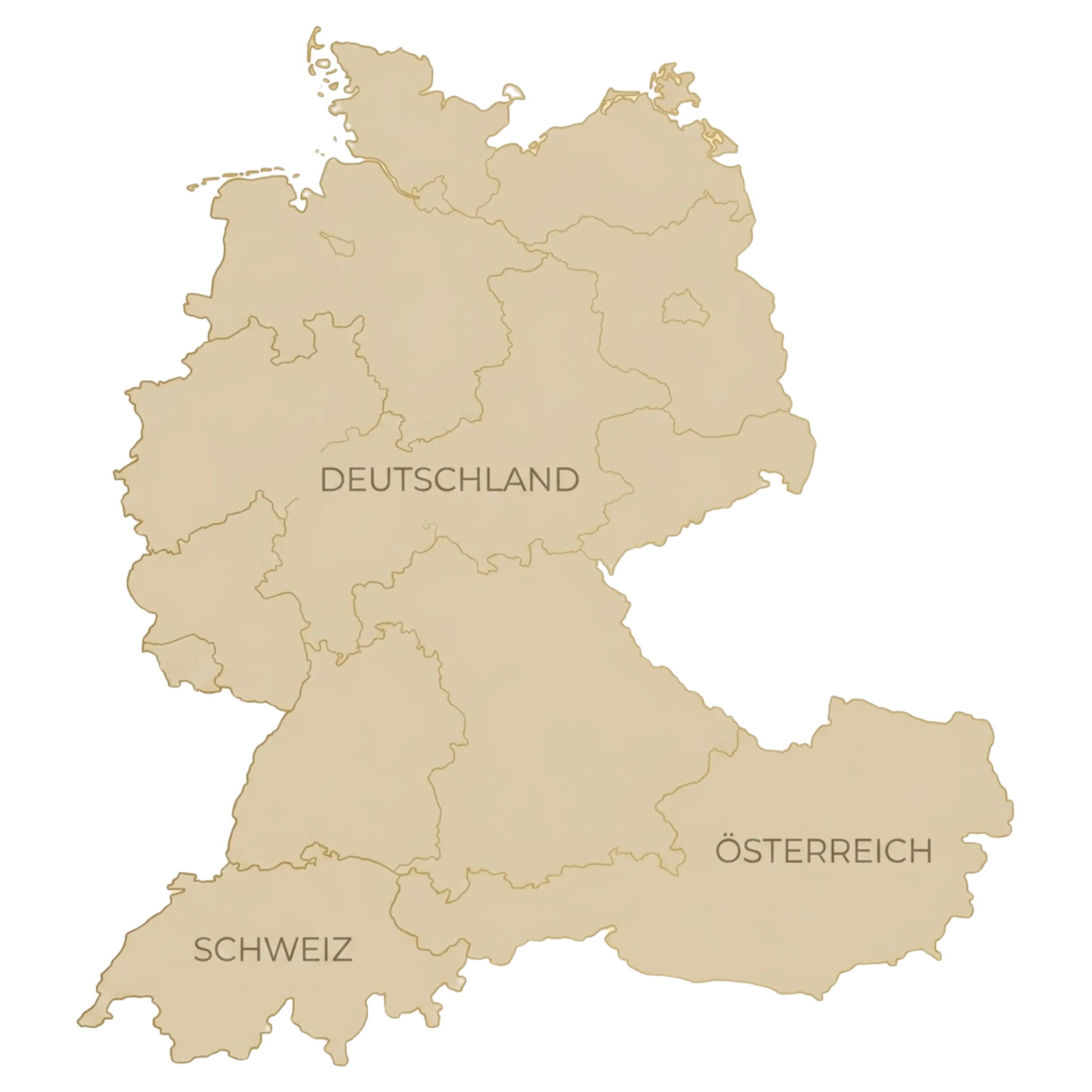 Karte der DACH-Region – Deutschland, Österreich und die Schweiz. Überall dort vermittelt STAGEABLE professionelles Home Staging vor Ort.